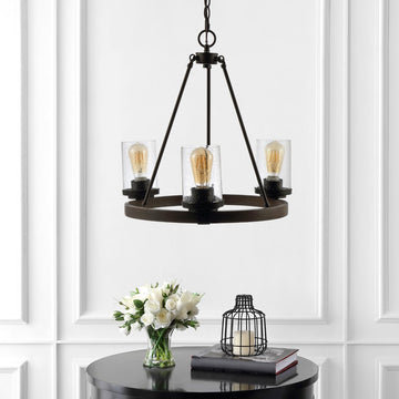 Coronet 20" 3-Light Iron/Seeded Glass Rustic Farmhouse LED Chandelier - JONATHAN Y